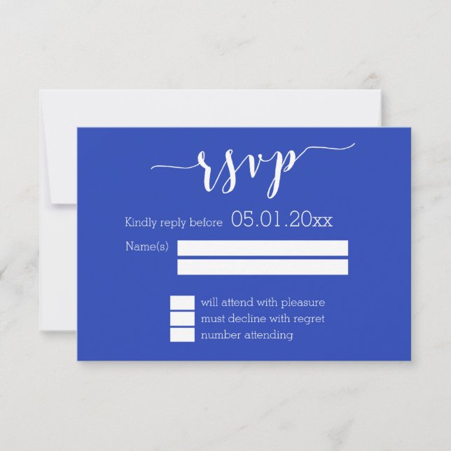 Tarjeta RSVP simple de boda azul real (Anverso)