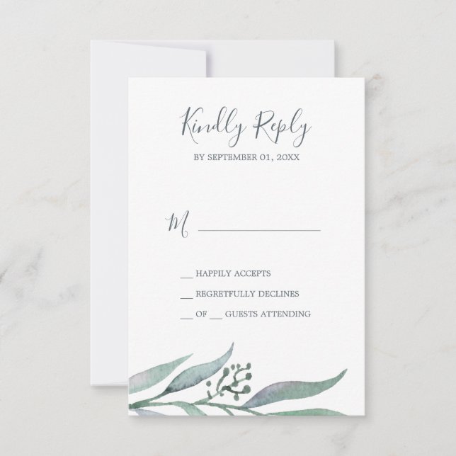 Tarjeta RSVP simple de eucalipto morado y verde (Anverso)