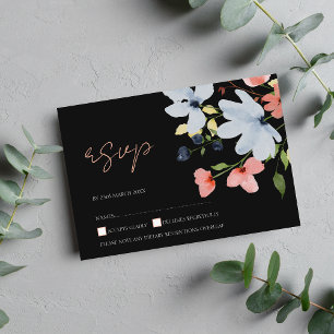 Tarjeta RSVP simple de matrimonio floral negro y r