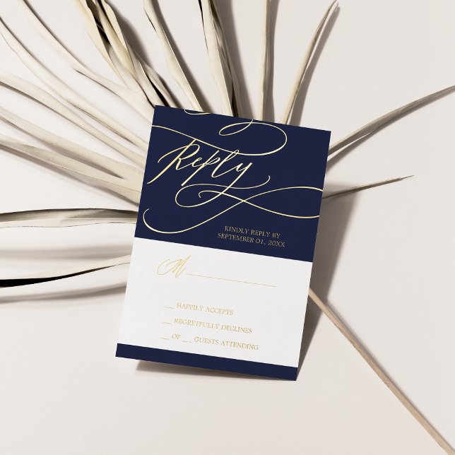 Tarjeta RSVP simple para Boda de Relieve metalizad (Romantic Navy Gold Foil Wedding Simple RSVP Card)