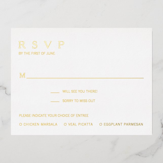 Tarjeta RSVP simple y moderna de Relieve metalizad (Anverso)