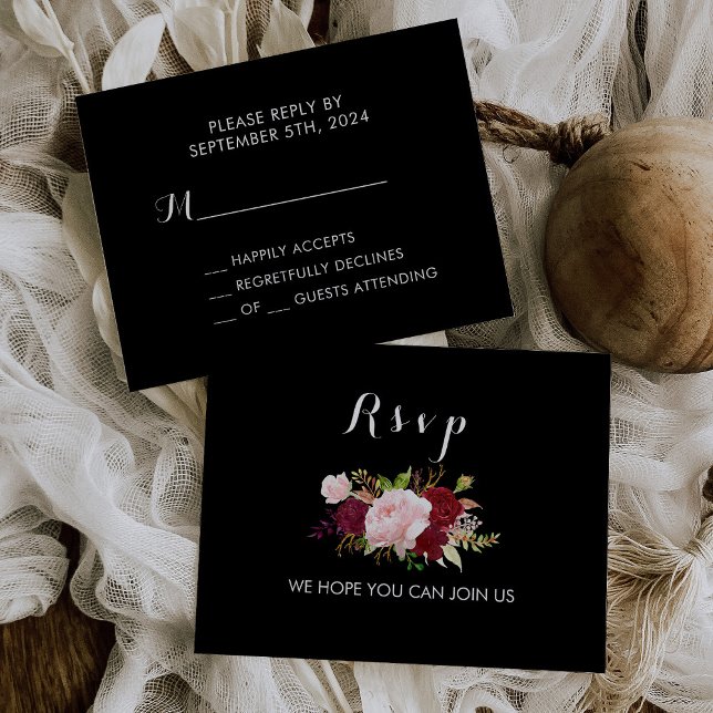Tarjeta Rsvp Tropical Clásica de Negro y Borgoña (Subido por el creador)