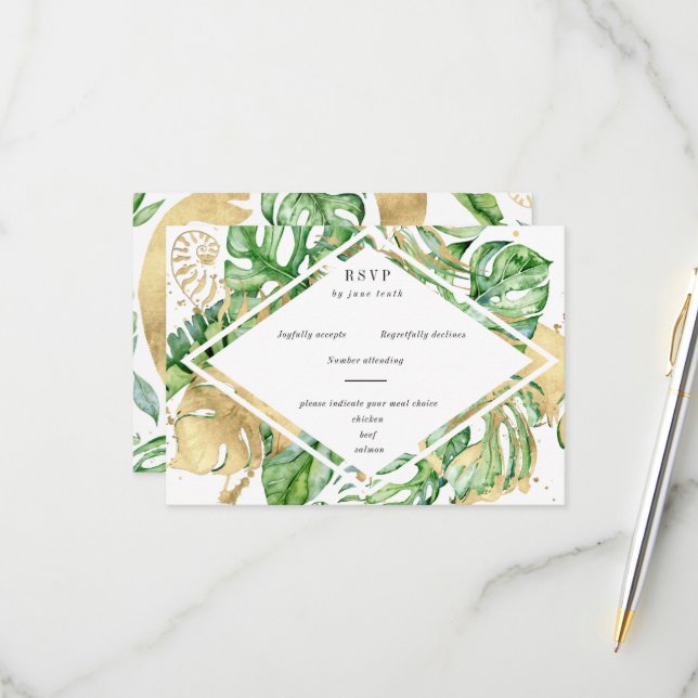 Tarjeta RSVP Tropical Golden Foliage (Anverso/Reverso In Situ)