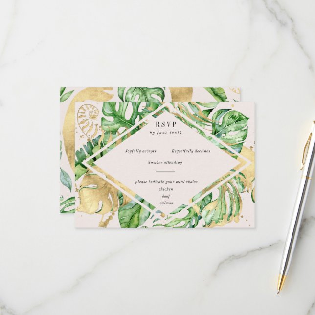 Tarjeta RSVP Tropical Golden Foliage (Anverso/Reverso In Situ)