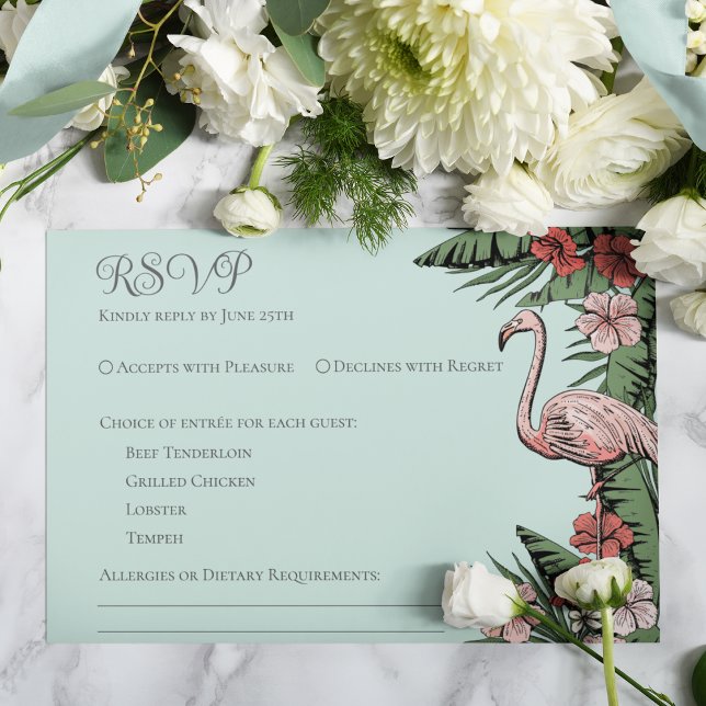 Tarjeta RSVP Turquesa Boda Tropical (Elegant & Chic Turquoise Floral Flamingo Tropical, Summer or Beach Wedding RSVP Response Card. )