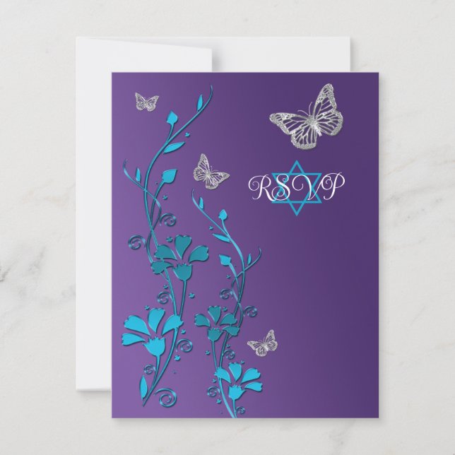 Tarjeta RSVP Turquesa, Morada Floral, Mariposas (Anverso)