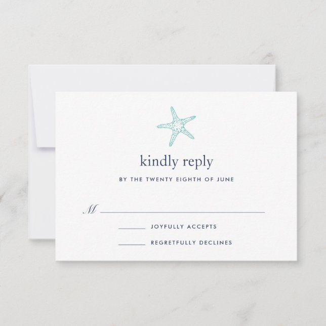 Tarjeta RSVP Turquoise & Navy Starfish (Anverso)