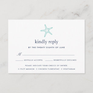 Tarjeta RSVP Turquoise & Navy Starfish con opción