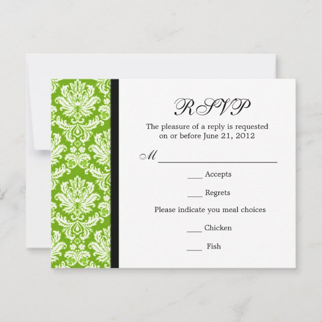 Tarjeta RSVP verde Damask clásica (Anverso)
