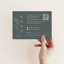 Tarjeta RSVP verde de sabio con código QR y fuente