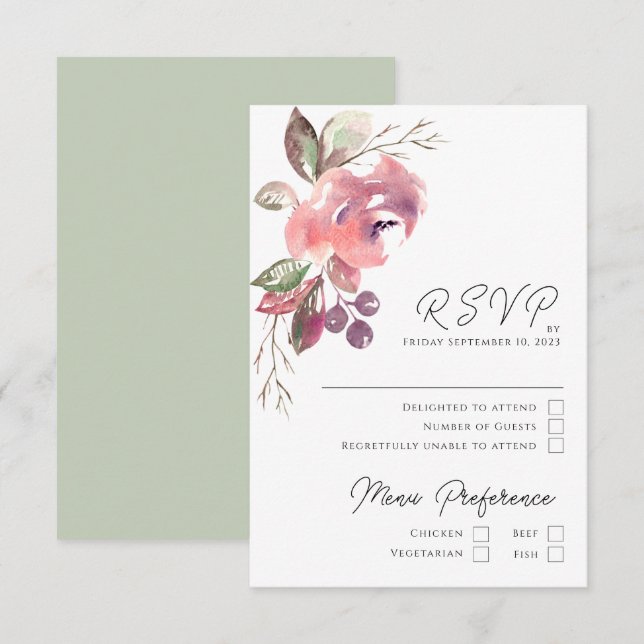 Tarjeta RSVP vertical mauve de Rubor romántica (Anverso / Reverso)