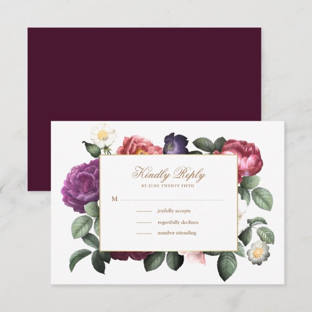 Tarjeta RSVP Vintage Floral Purple (Anverso / Reverso)