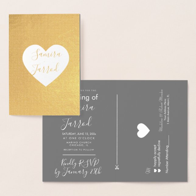 Tarjeta Rsvp y Boda Casual Gray and Gold Heart (Demostración)
