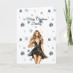 Tarjeta Rubia Copo de Nieve de Navidad Vestido Negro