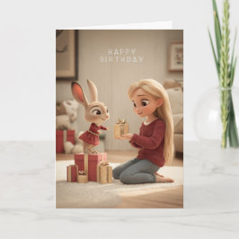 Tarjeta Rubia dando regalo de cumpleaños a conejo con vest