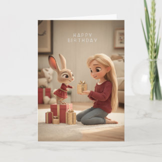 Tarjeta Rubia dando regalo de cumpleaños a conejo con vest