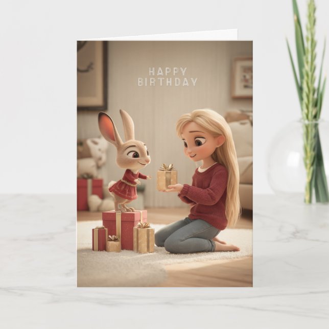 Tarjeta Rubia dando regalo de cumpleaños a conejo con vest (Anverso)