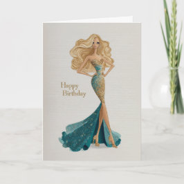 Tarjeta Rubia Elegante en Vestido de Oro y Turquesa Cumple