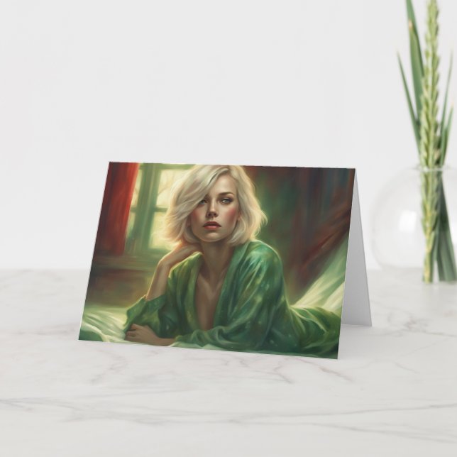 Tarjeta Rubia Seductora en San Valentín Verde (Anverso)