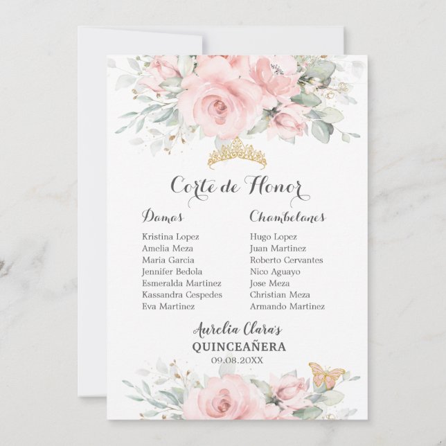 Tarjeta Rubor Floral Rosa QUINCEAÑERA Padrinos Dam (Reverso)