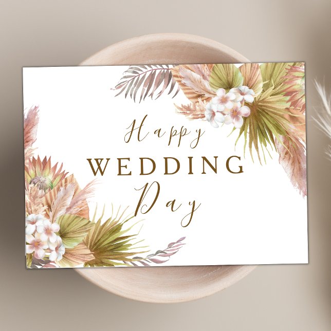 Tarjeta Rubor Pink Boho Floral Modern Happy Wedding Day (Subido por el creador)