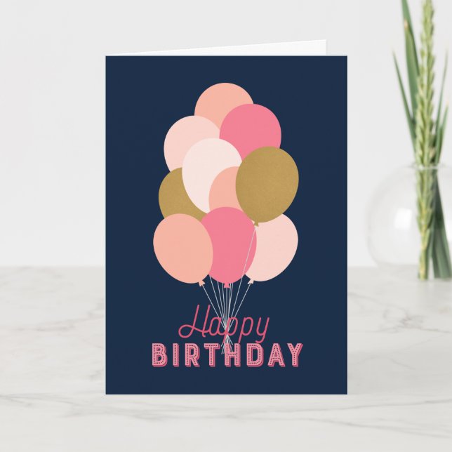 Tarjeta Rubor Pink Faux Gold Balloons Blue Happy Birday (Anverso)