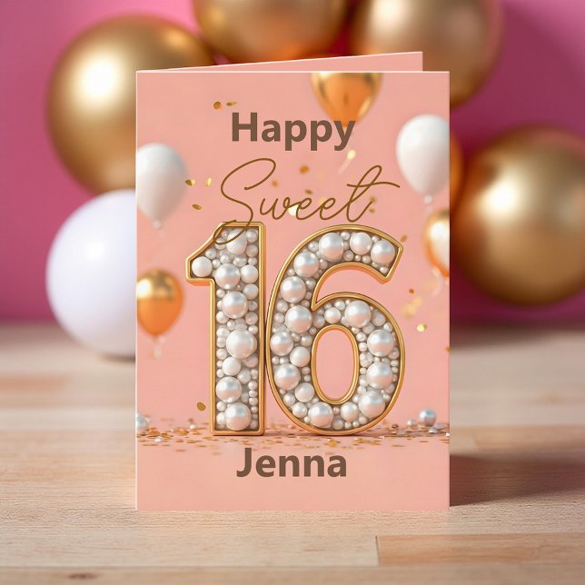 Tarjeta Rubor Pink Sweet 16 Gold Pearl Number and Balloons (Subido por el creador)