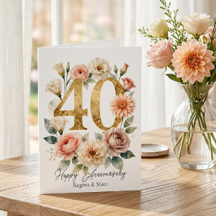 Tarjeta Rubor Rosa Acuarela Floral Aniversario 40 Dorado
