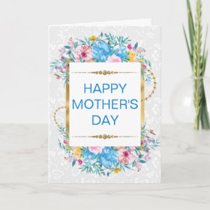 Tarjeta Rubor y flores azules y brillo dorado Día de la Ma
