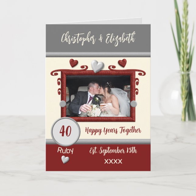 Tarjeta Ruby 40° aniversario añada nombres de fotos grises (Anverso)