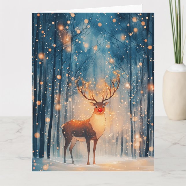 Tarjeta Rudolph Reno en Bosque Nevado Navidad (Anverso)
