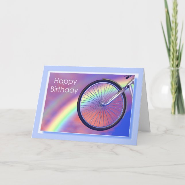 Tarjeta Rueda de bicicleta y cumpleaños arcoiris (Anverso)