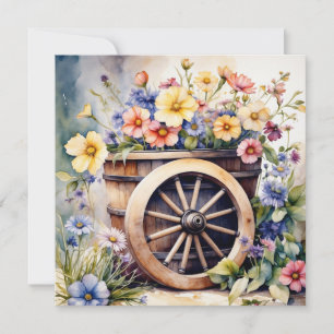 Tarjeta Rueda de madera acuarela con flores de jardín