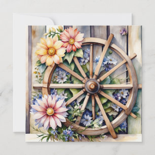Tarjeta Rueda de madera rústica con flores
