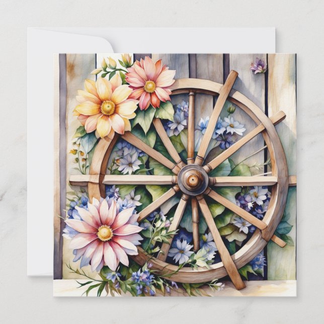 Tarjeta Rueda de madera rústica con flores (Anverso)