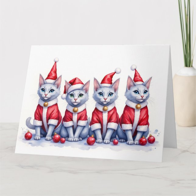 Tarjeta Russian Blue Cat Christmas Dress Santa Hat (Anverso)