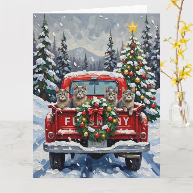 Tarjeta Russian Blue Cat Christmas Red Truck Holiday (flor amarilla)