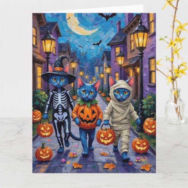 Tarjeta Russian Blue Cats in Halloween Costumes (flor amarilla)