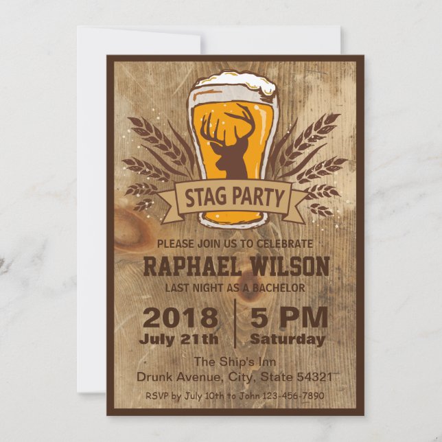 Tarjeta Rustic Beer & Stag Bacheler Party (Anverso)