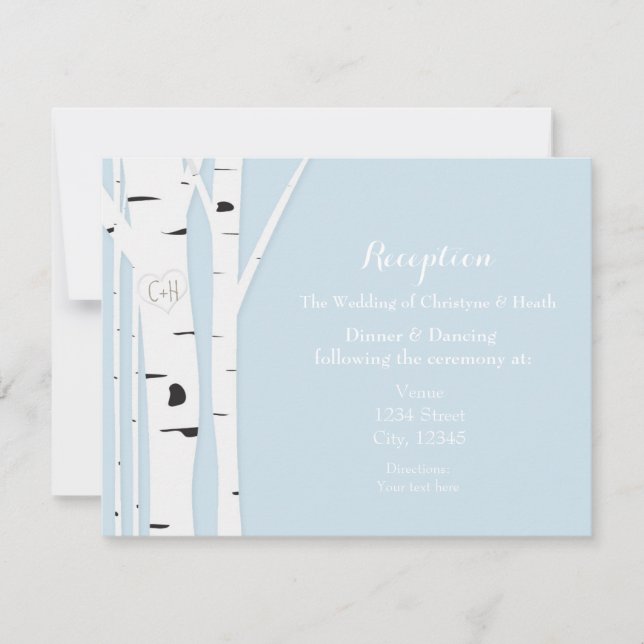 Tarjeta Rustic Birch Tree Heart Icy Blue Reception (Anverso)