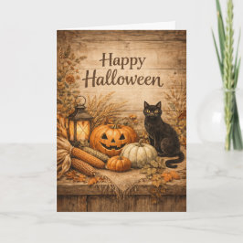 Tarjeta Rustic Black Cat Corn Halloween