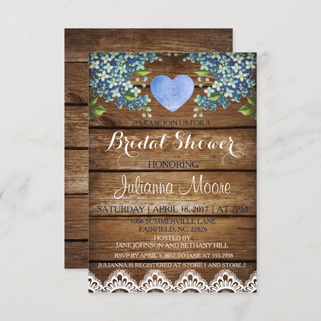 Tarjeta Rustic Blue Hydrangea & Lace Bridal Shower (Anverso / Reverso)