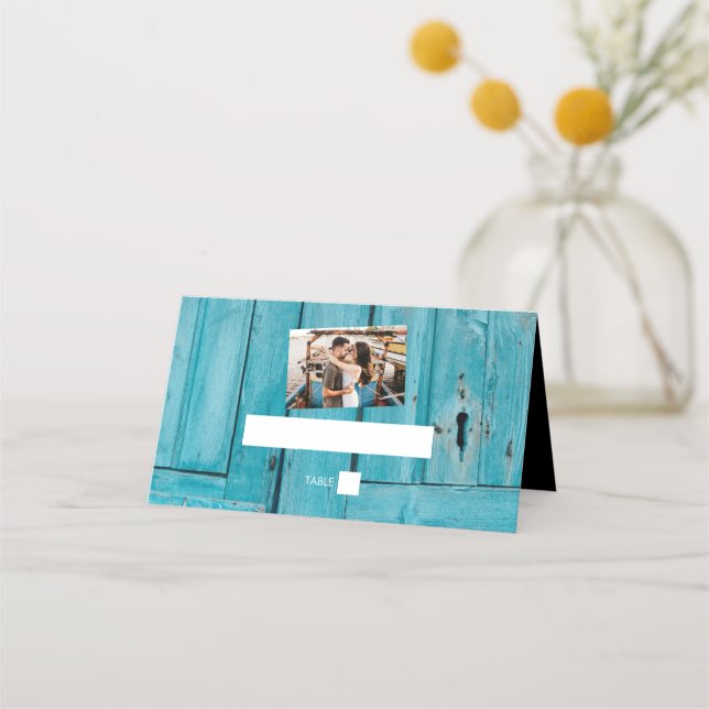 Tarjeta Rustic Blue Wood 1 Photo Boda Place (Anverso)