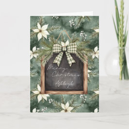 Tarjeta Rustic Brown Green Christmas Chalkboard Floral Bow