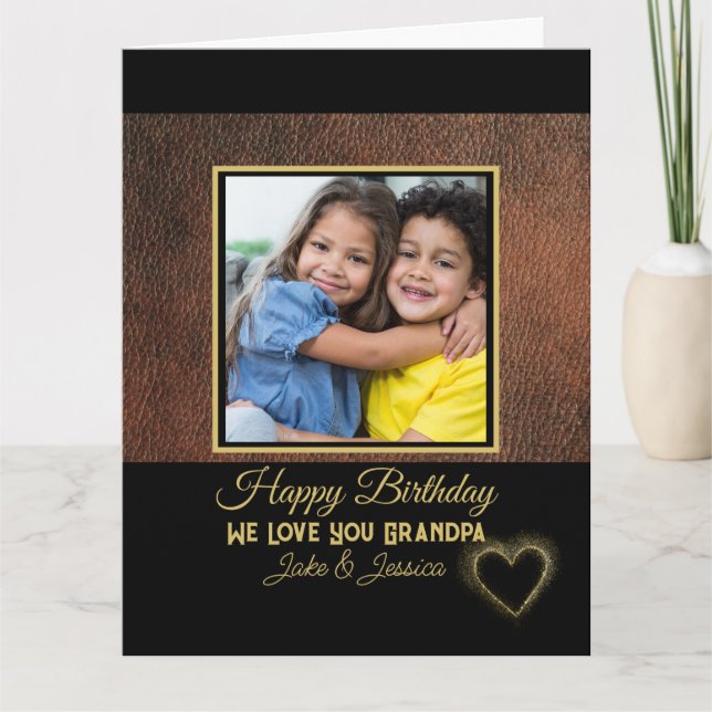 Tarjeta Rustic Brown Leather Happy Birthday Grandpa Photo (Anverso)