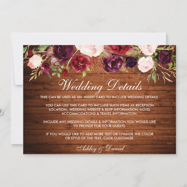 Tarjeta Rustic Burgundy Floral Wood Boda Detalles (Anverso)