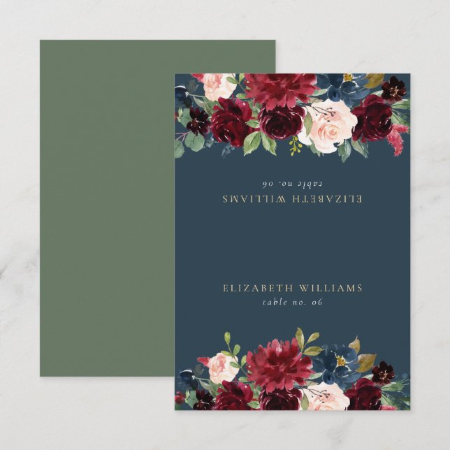 Tarjeta Rustic Burgundy & Navy Blue Guest Name Pla (Anverso / Reverso)