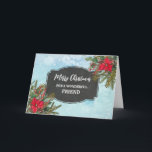 Tarjeta Rustic Chalkboard Friend Merry Christmas<br><div class="desc">Feliz Navidad para la tarjeta de amistad con un patrón rústico de pizarra y follaje de invierno con poinsettias.</div>