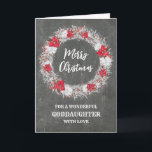 Tarjeta Rustic Chalkboard Godgirl Feliz Navidad<br><div class="desc">Feliz Navidad para la tarjeta de la ahijada con un patrón rústico de pizarra y corona nevada con poinsettias.</div>