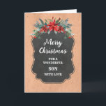 Tarjeta Rustic Chalkboard Son Feliz Navidad<br><div class="desc">Feliz Navidad para la tarjeta de hijo con un patrón rústico de pizarra y follaje de invierno con poinsettias.</div>